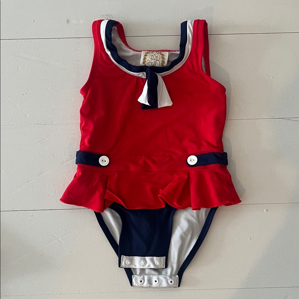 The Beaufort Bonnet Company Red and Navy Nautical Peplum One-Piece Swimsuit